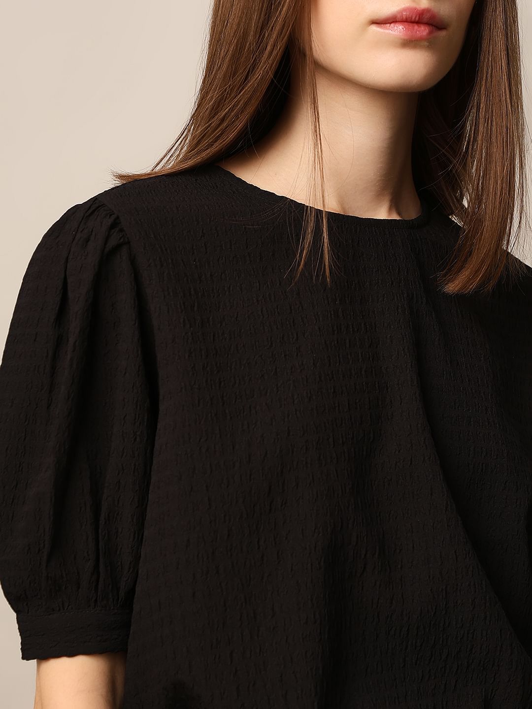 Black Textured Tie-Up Top