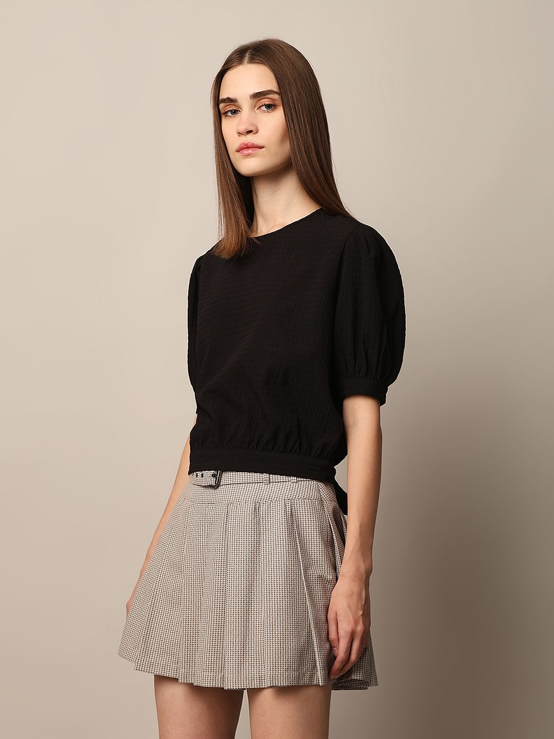 Black Textured Tie-Up Top