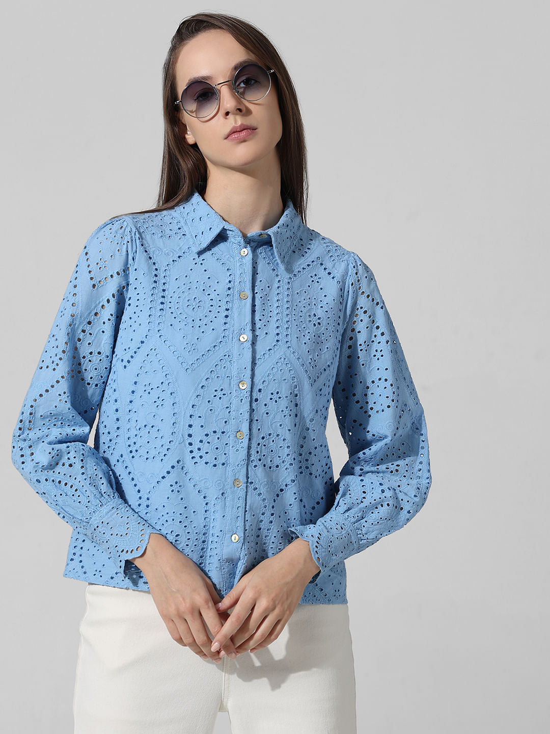 Blue Schiffli Cotton Shirt