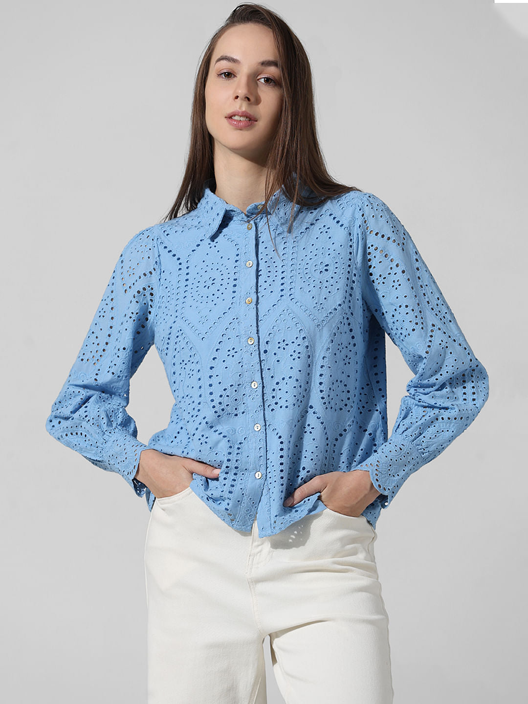 Blue Schiffli Cotton Shirt