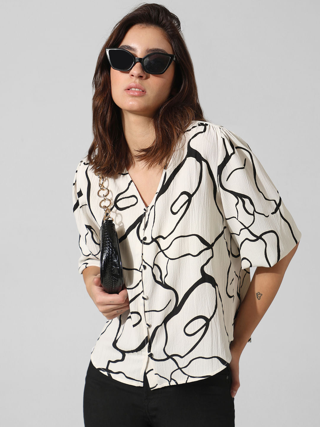 White & Black Printed Top