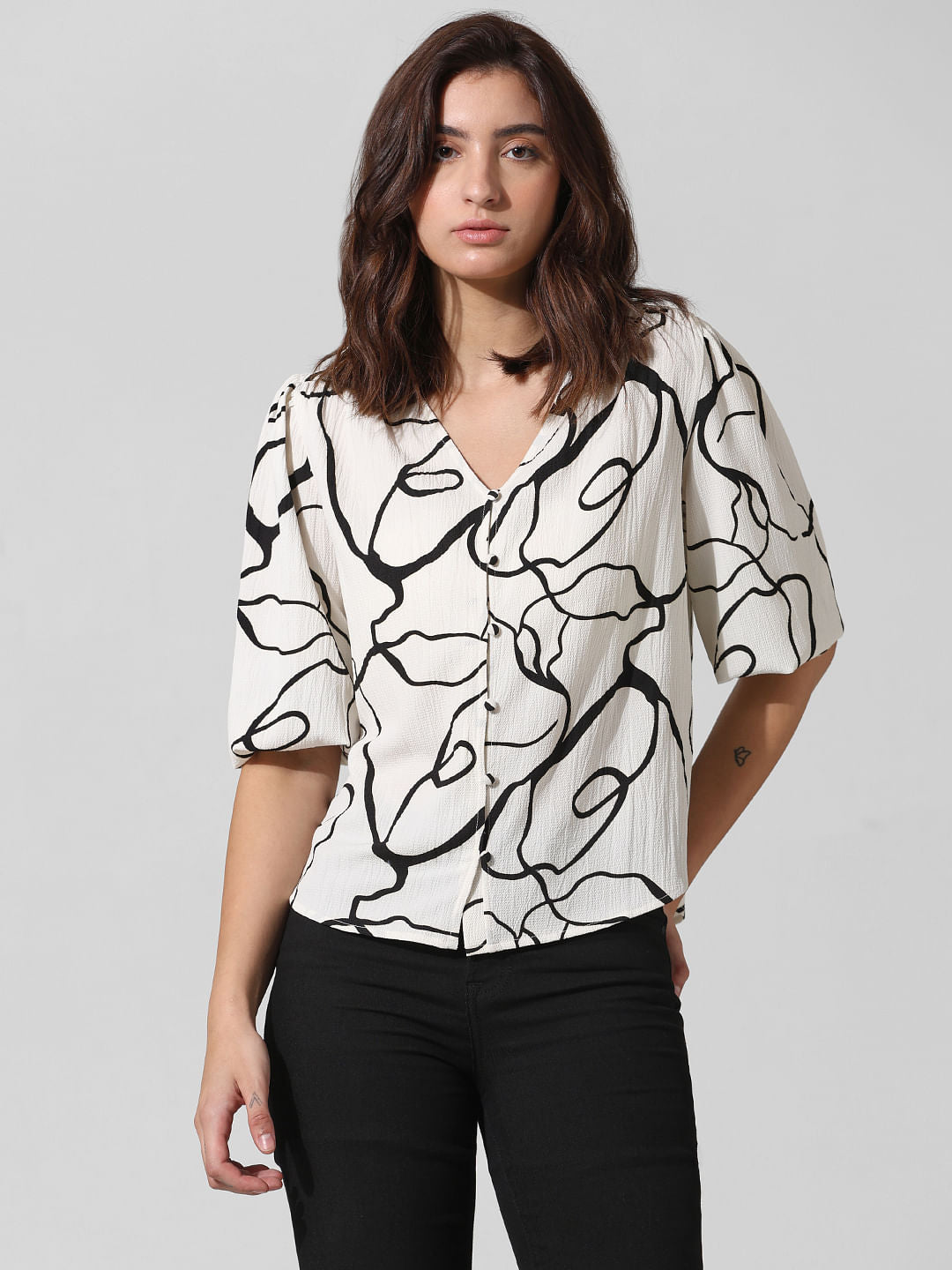 White & Black Printed Top