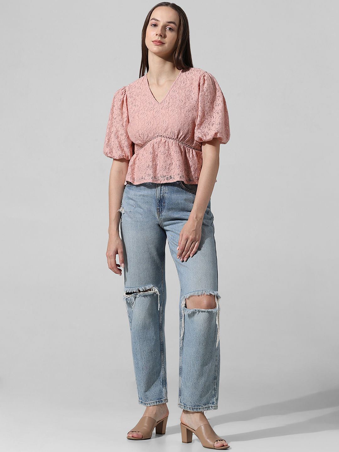 Peach Lace Puff Sleeves Top