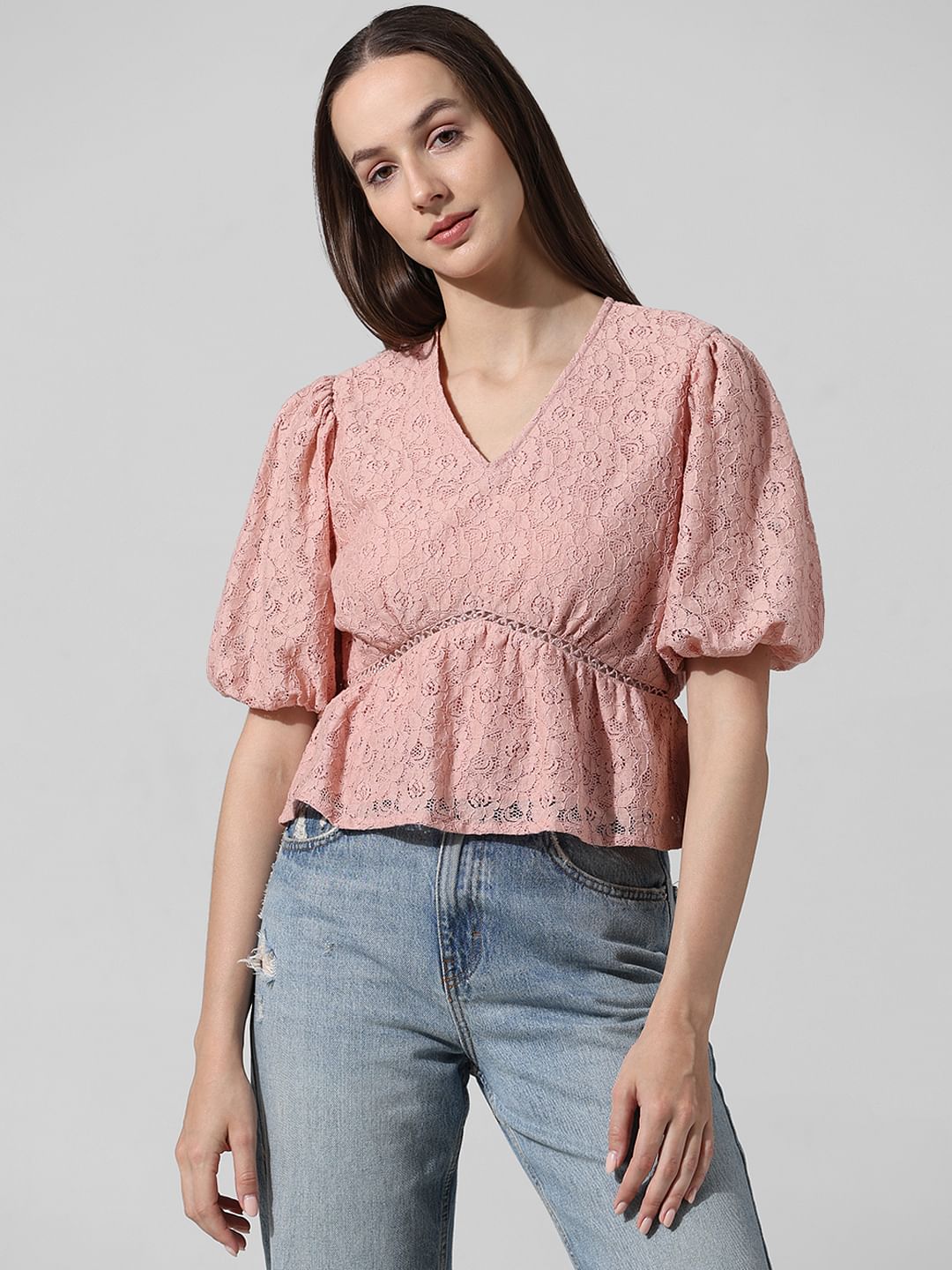 Peach Lace Puff Sleeves Top