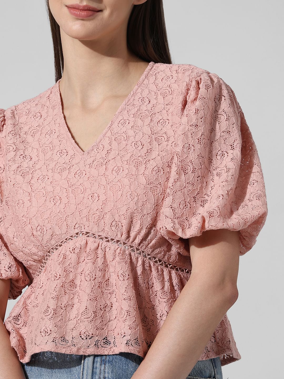 Peach Lace Puff Sleeves Top