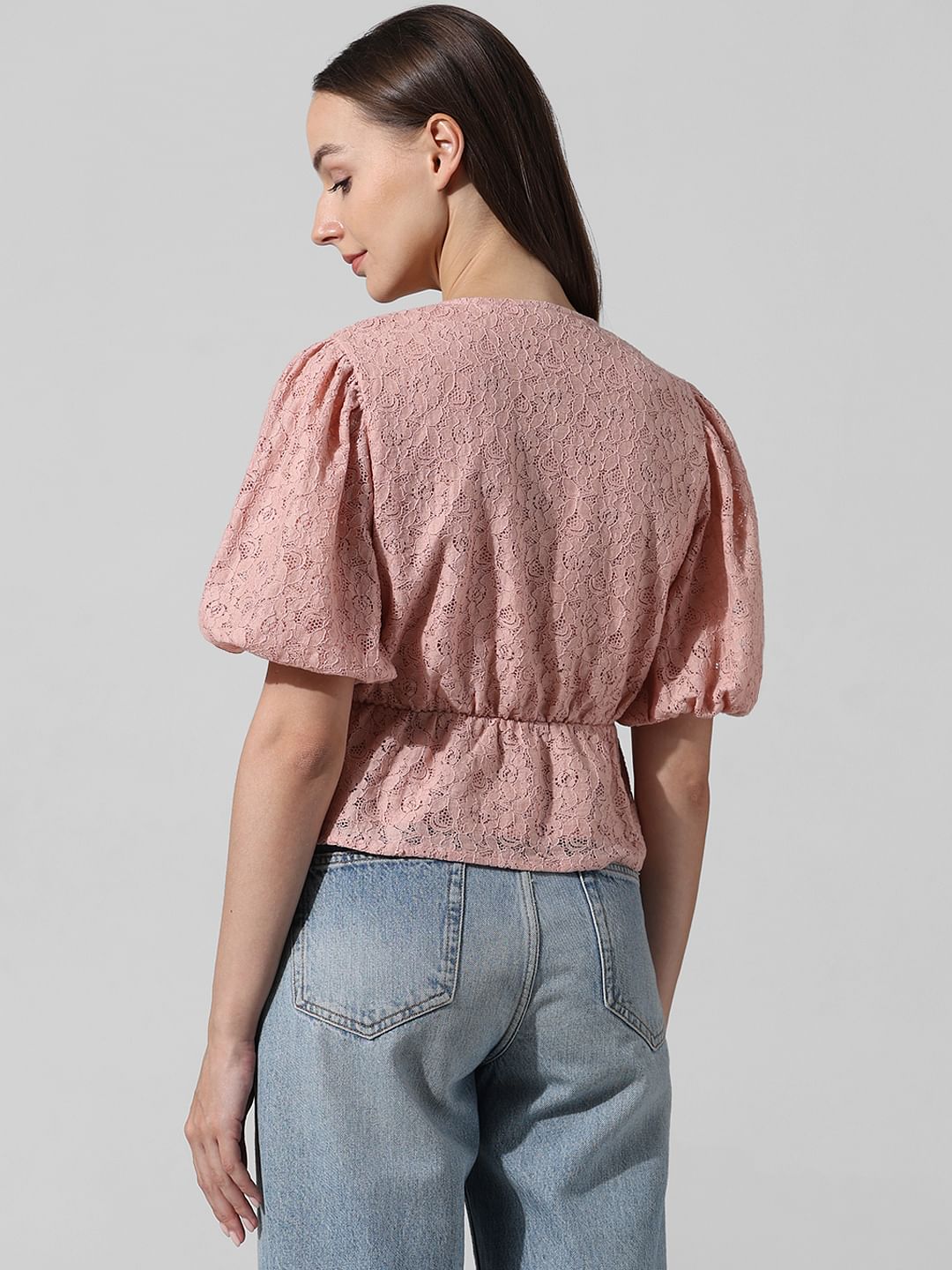 Peach Lace Puff Sleeves Top
