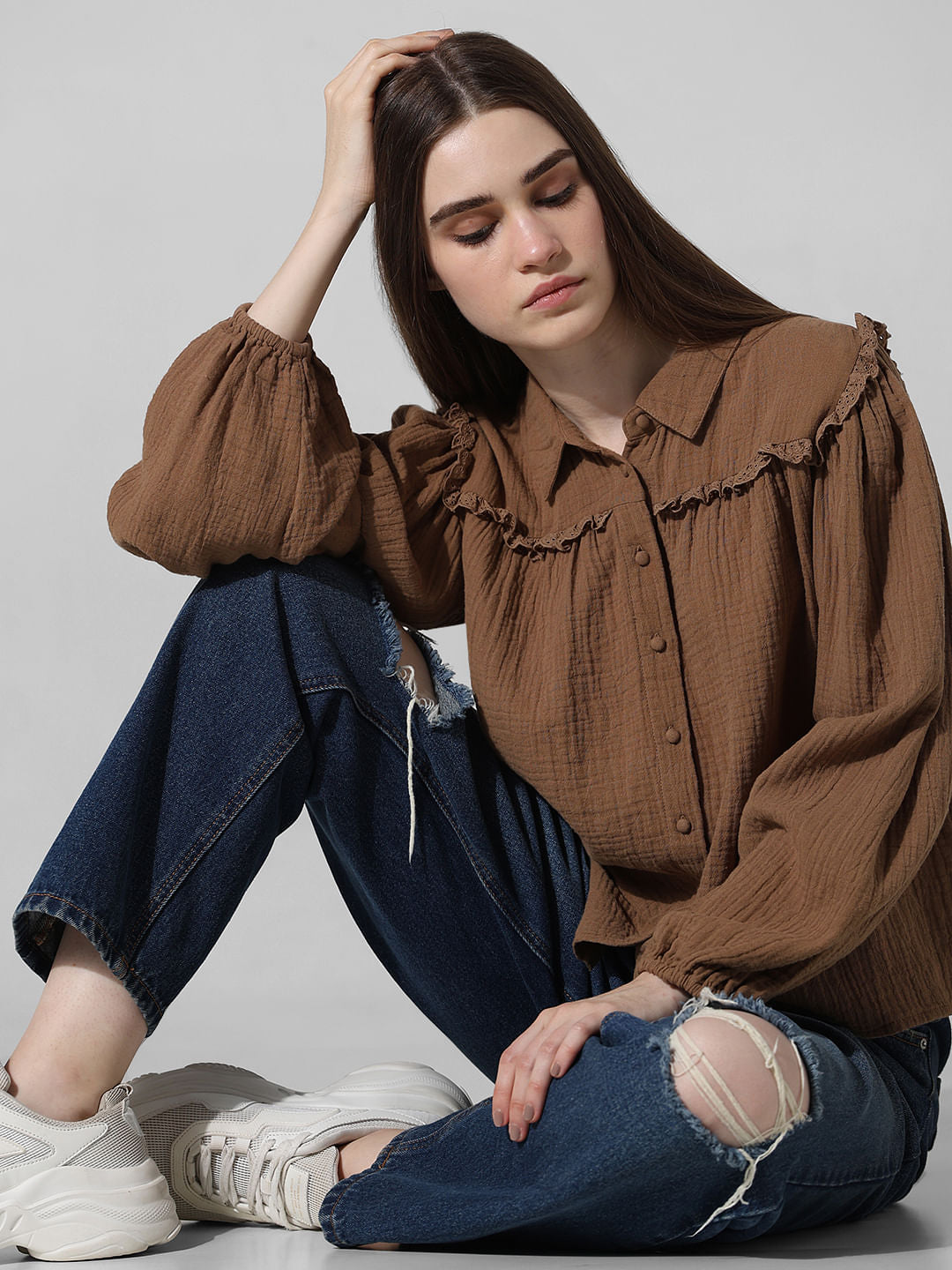 Brown Frill Trim Detail Shirt