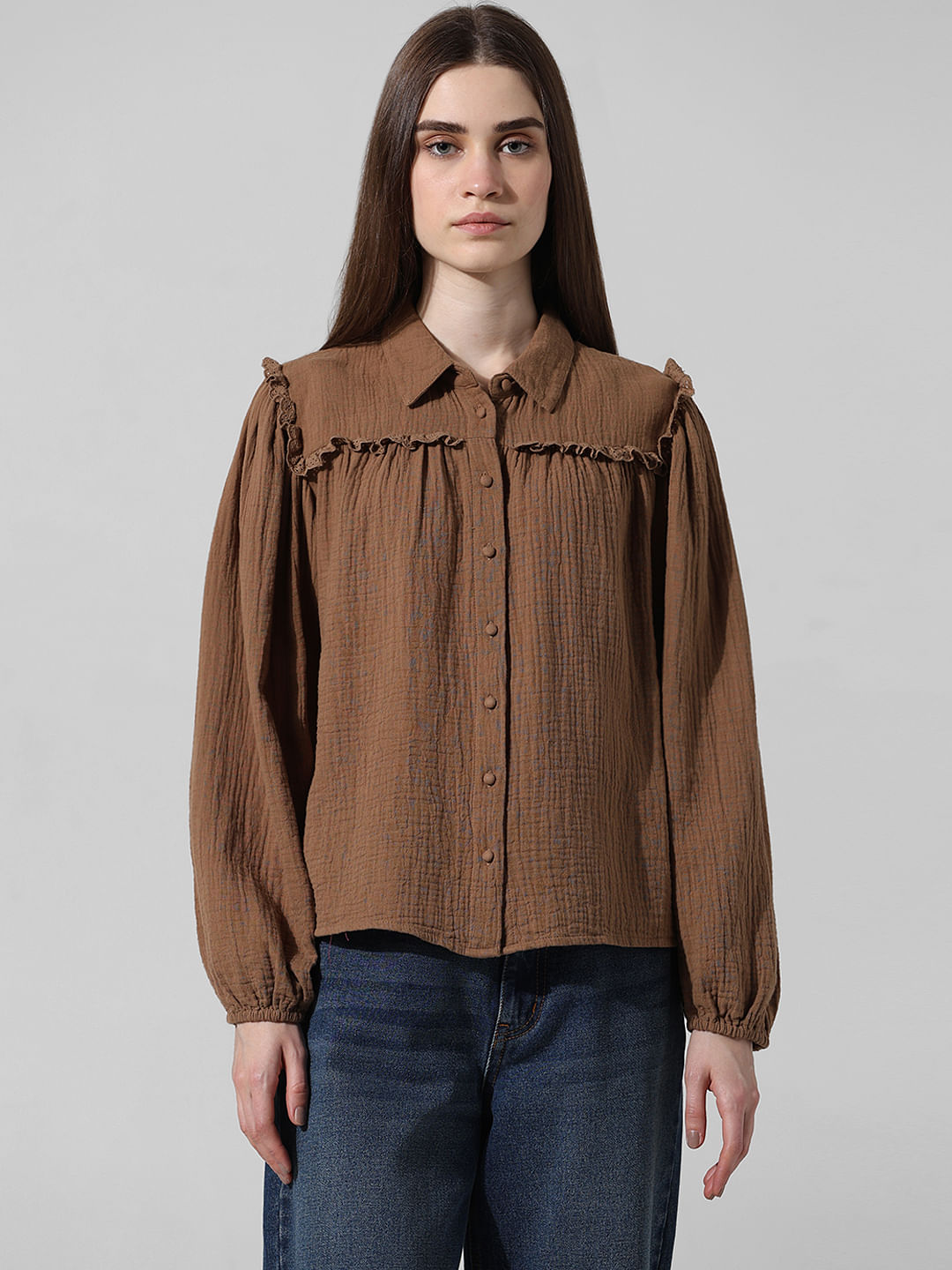 Brown Frill Trim Detail Shirt