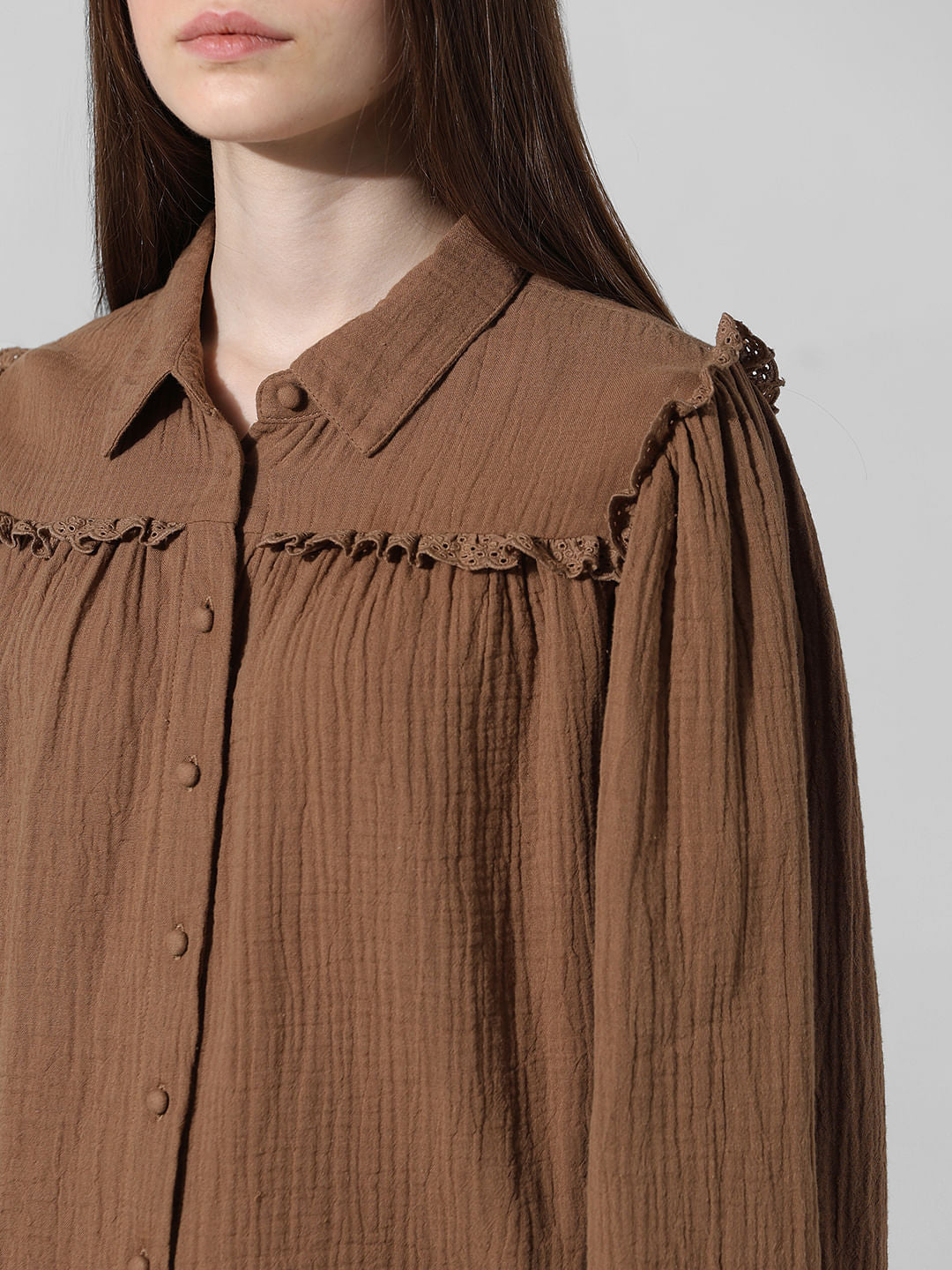 Brown Frill Trim Detail Shirt