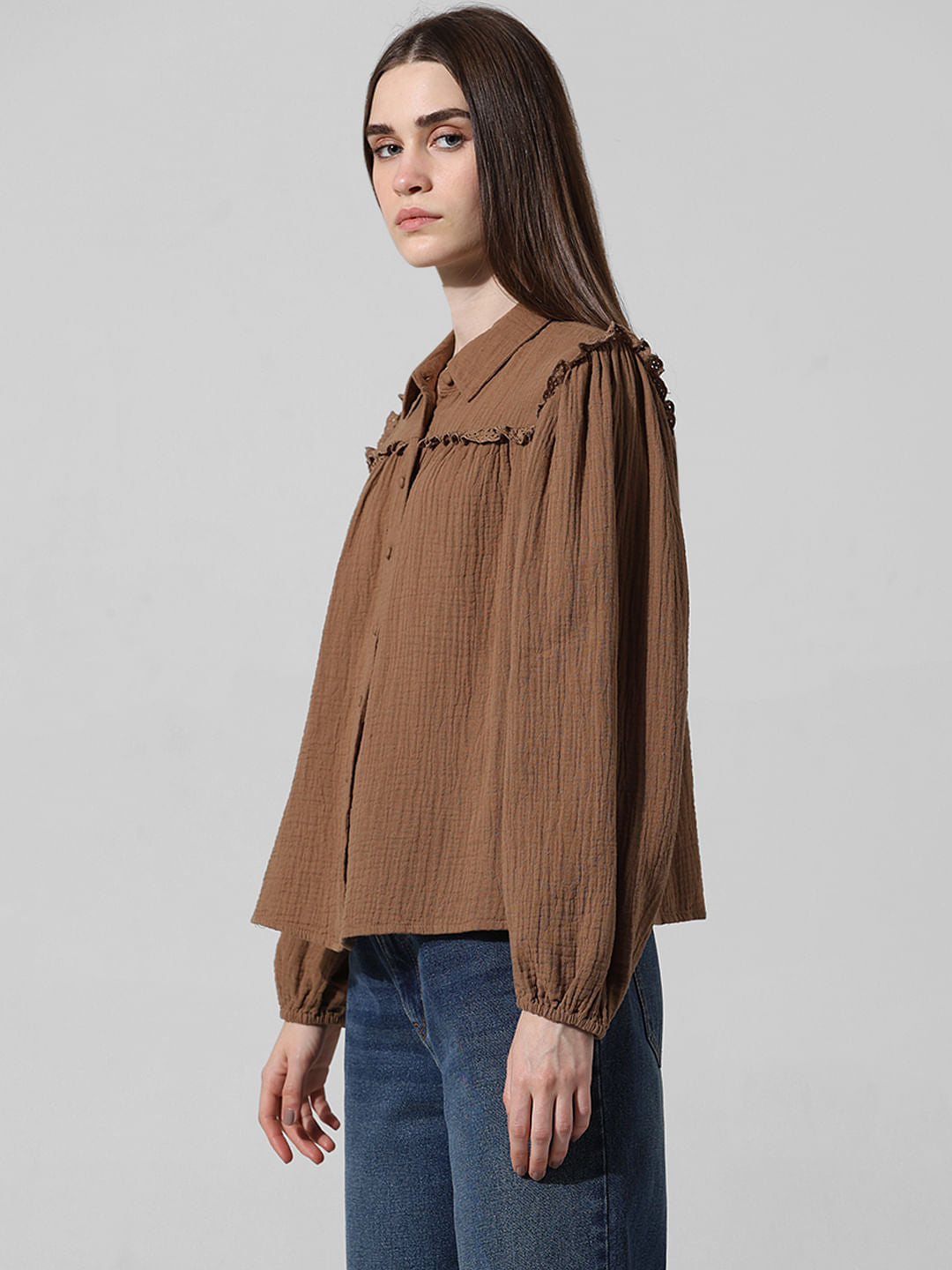 Brown Frill Trim Detail Shirt