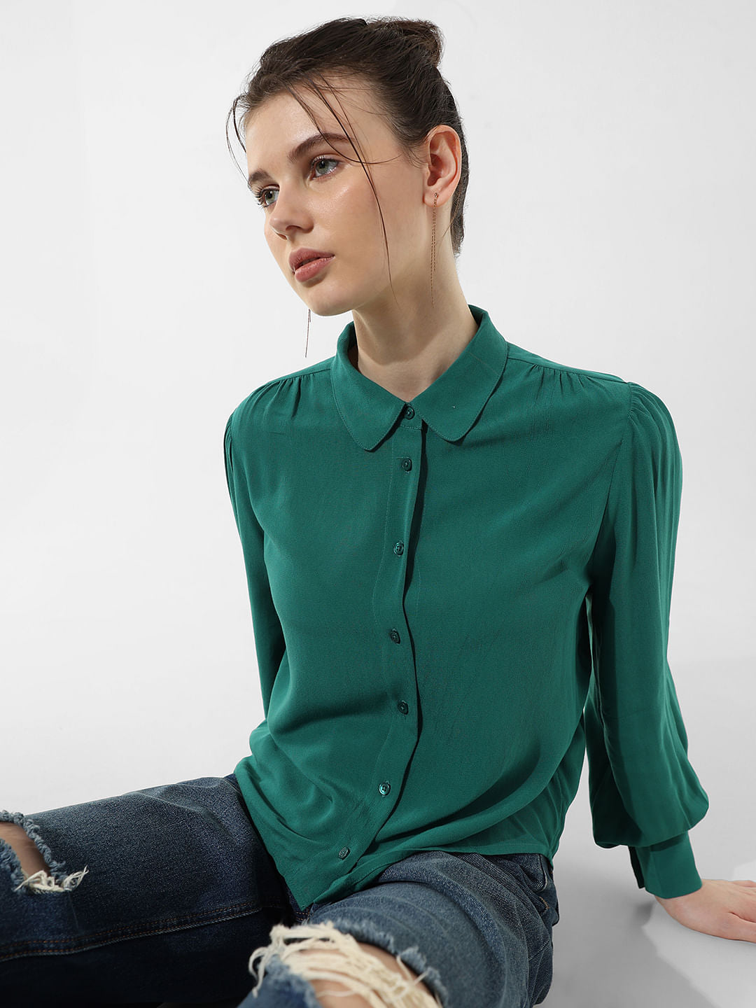Green Puff Sleeves Shirt