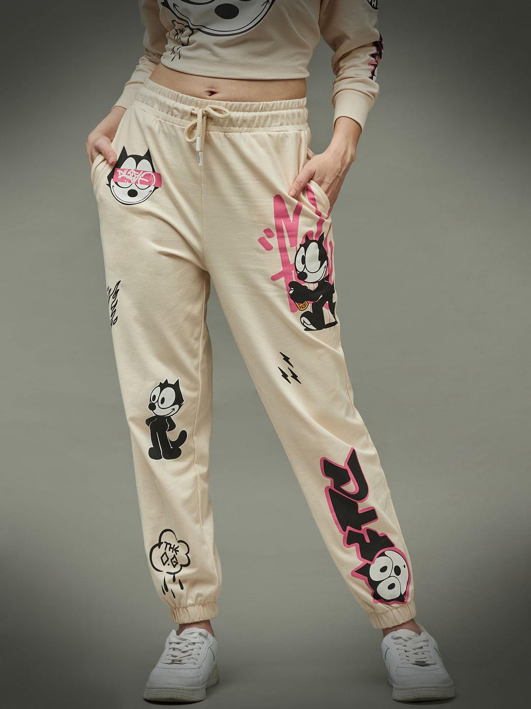 Only X Felix The Cat Beige High Rise Graphic Print Co-Ord Joggers