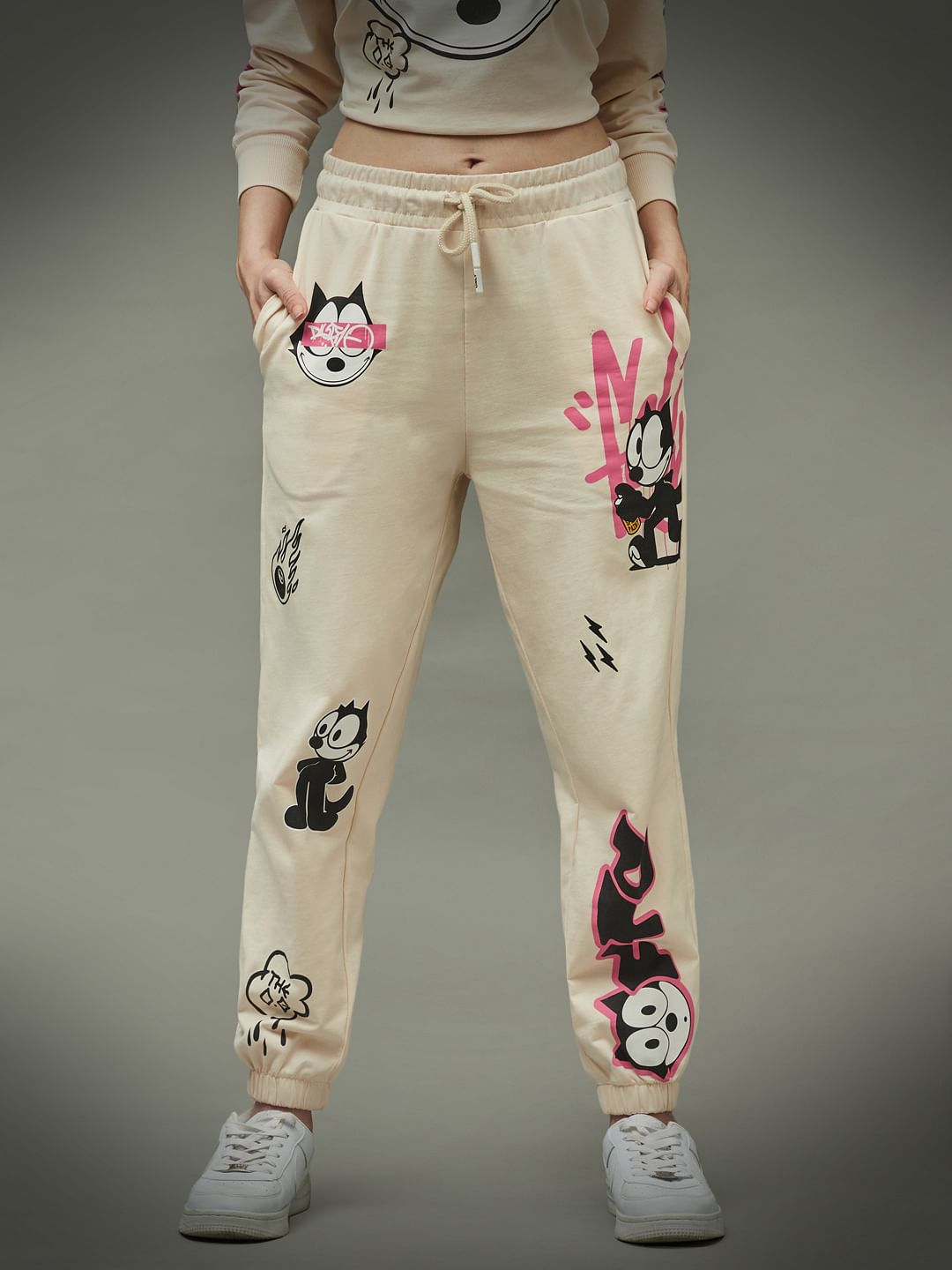 Only X Felix The Cat Beige High Rise Graphic Print Co-Ord Joggers