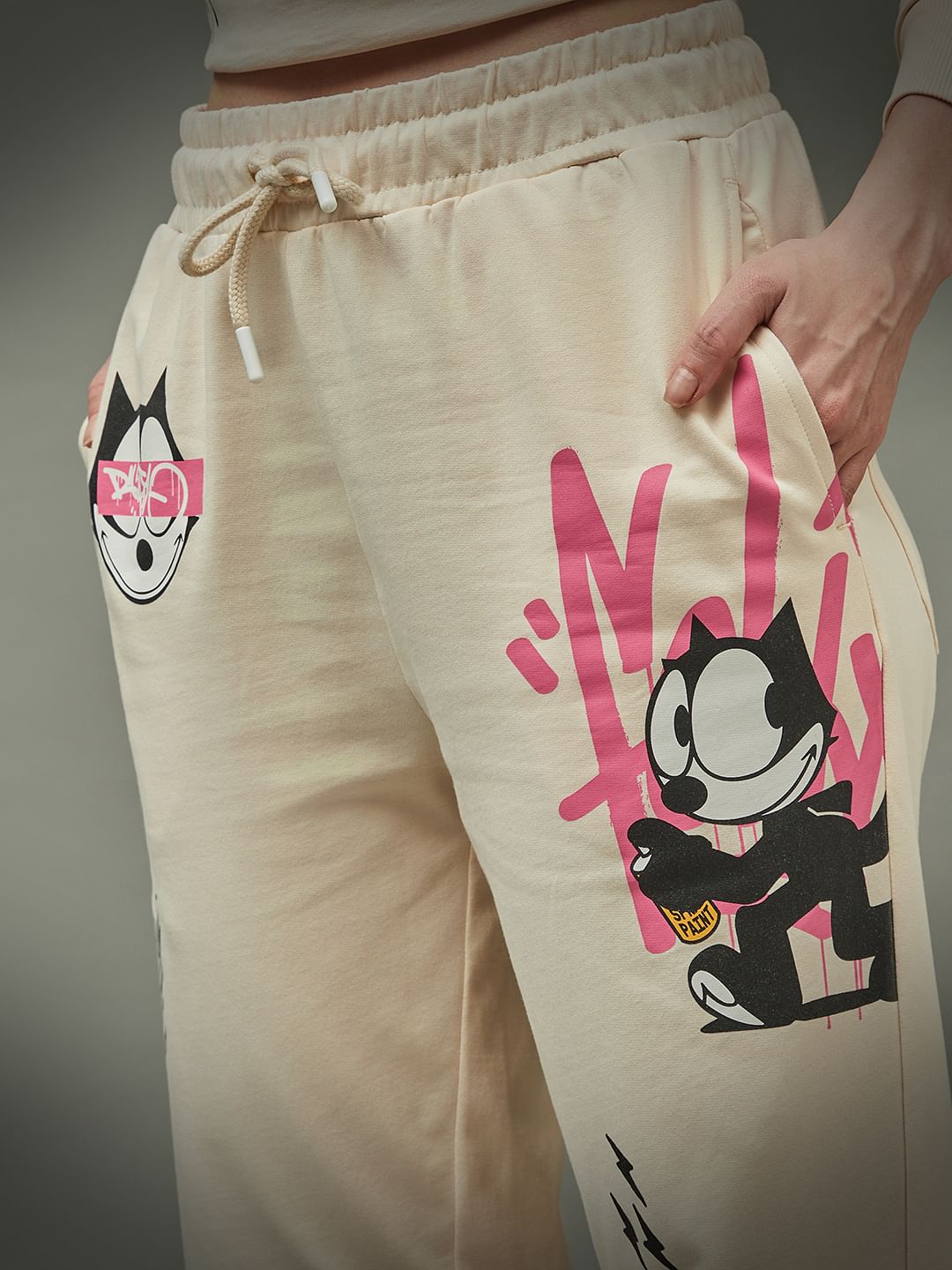 Only X Felix The Cat Beige High Rise Graphic Print Co-Ord Joggers