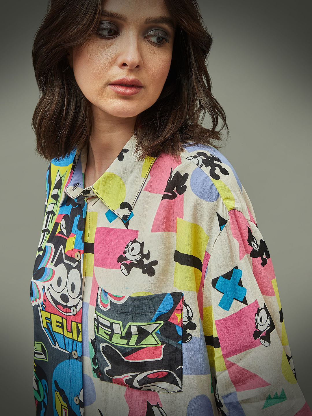 Only X Felix The Cat Black Colourblocked Printed Shirt