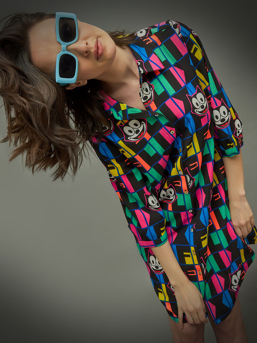 Only X Felix The Cat Black Colourblocked Shirt Dress