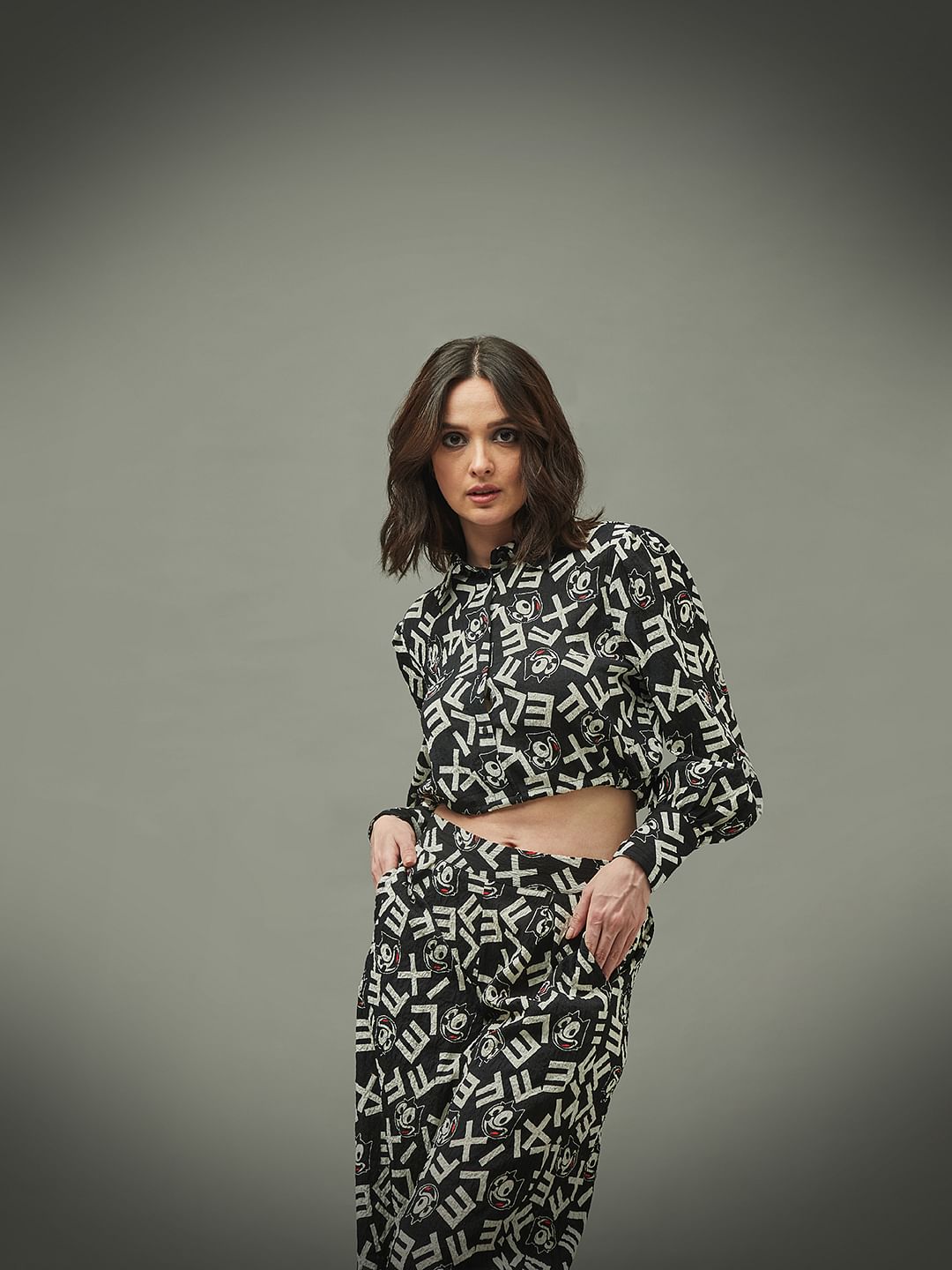 Only X Felix The Cat Black Crinkled Cropped Co-Ord Shirt