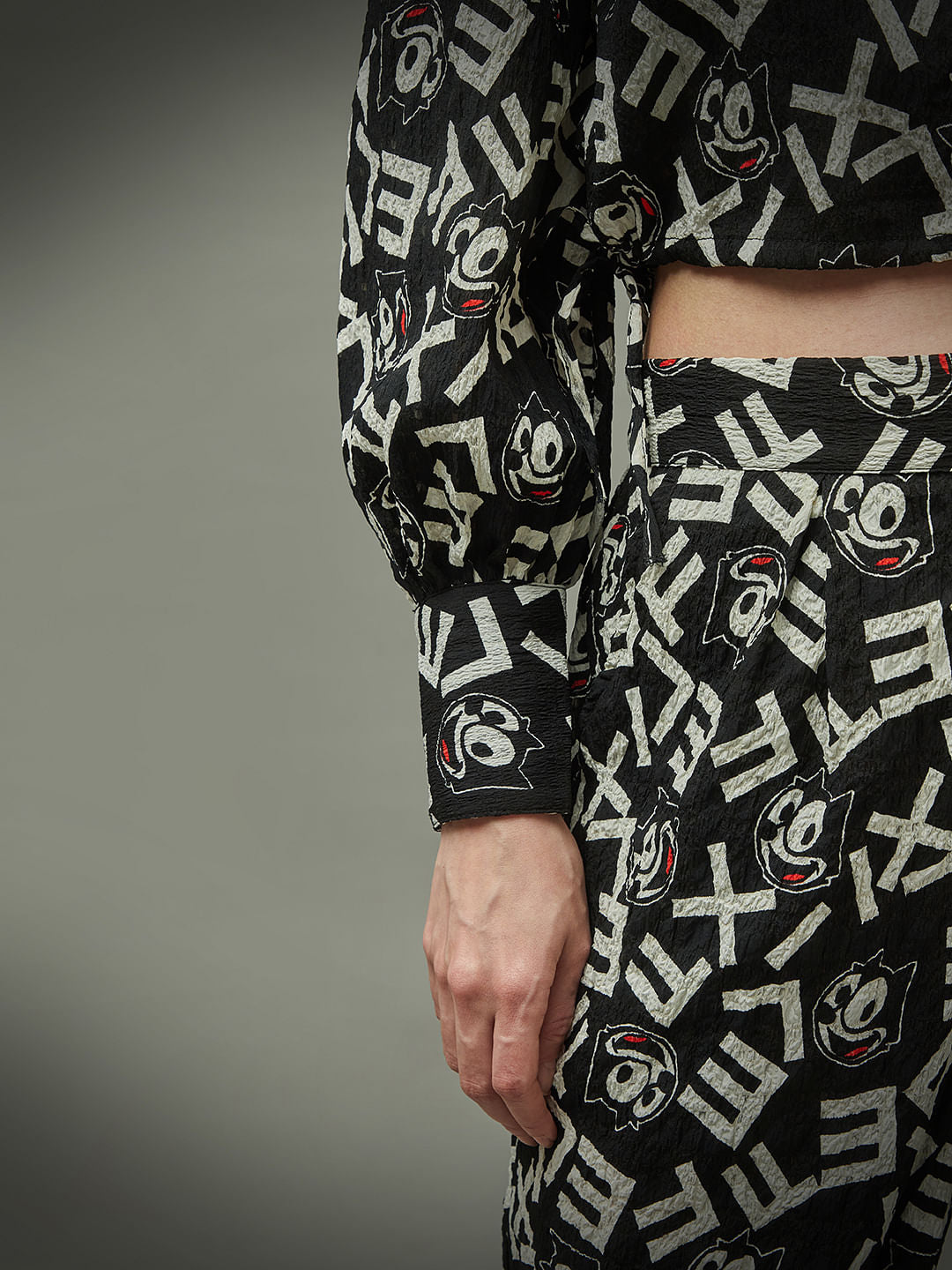 Only X Felix The Cat Black Crinkled Cropped Co-Ord Shirt