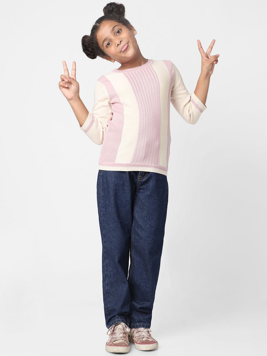 Girls Beige Colourblocked Pullover