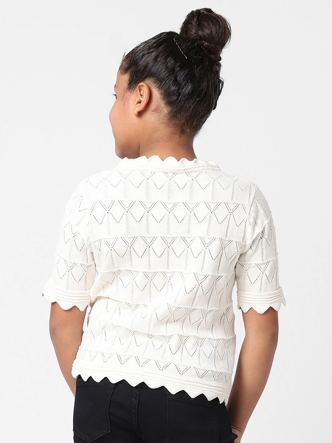 Girls White Pointelle Knit Top