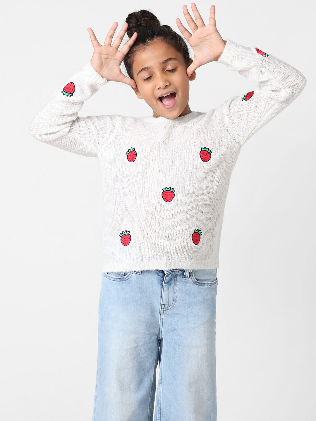 Girls Strawberry Embroidered Pullover