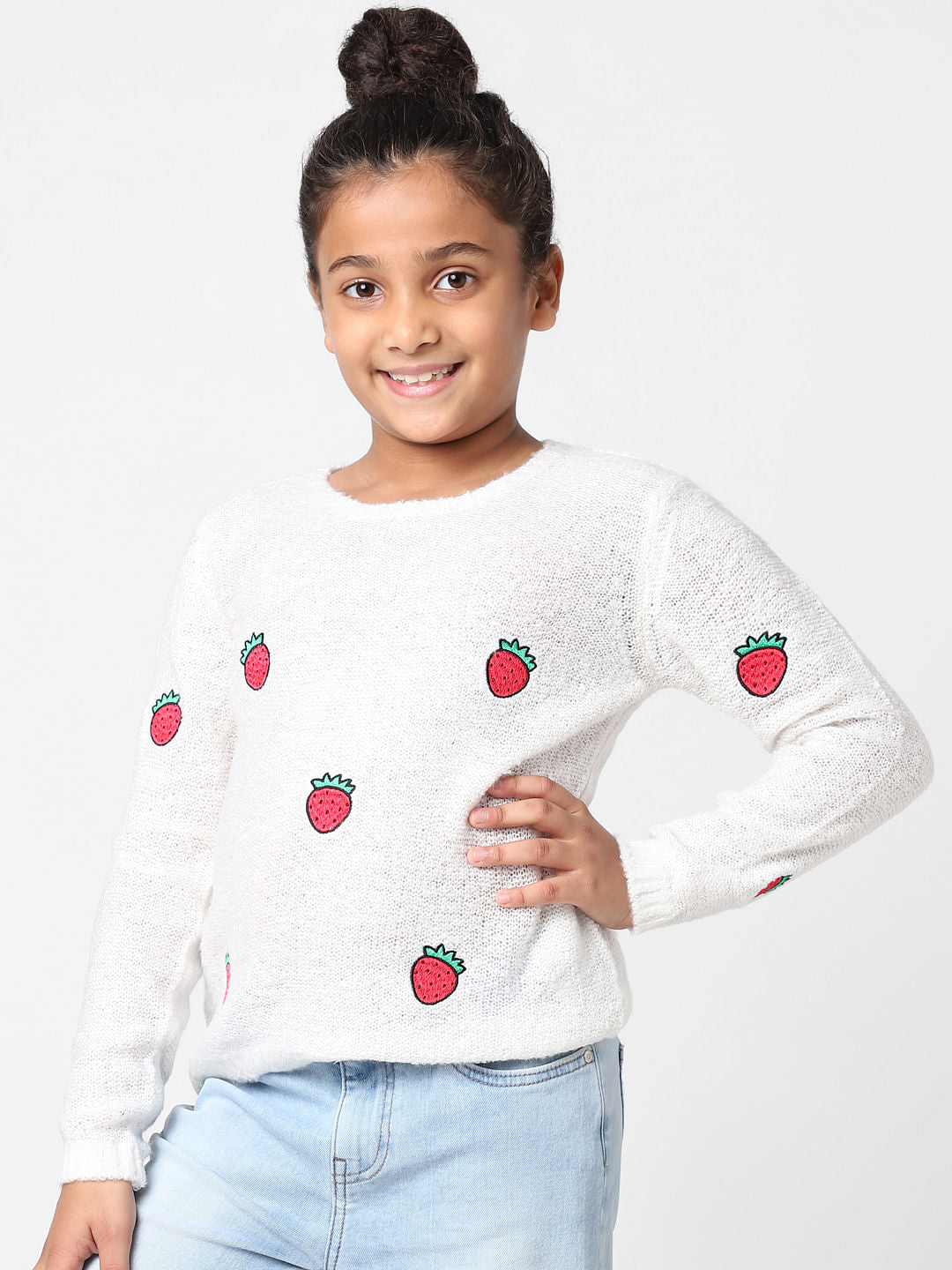 Girls Strawberry Embroidered Pullover
