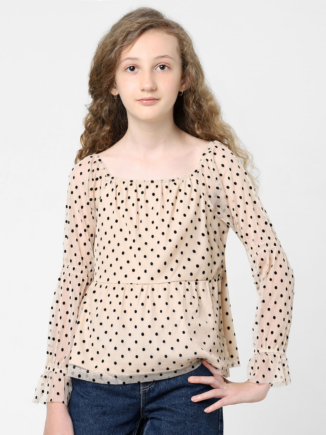 Beige Polka Dot Peplum Top