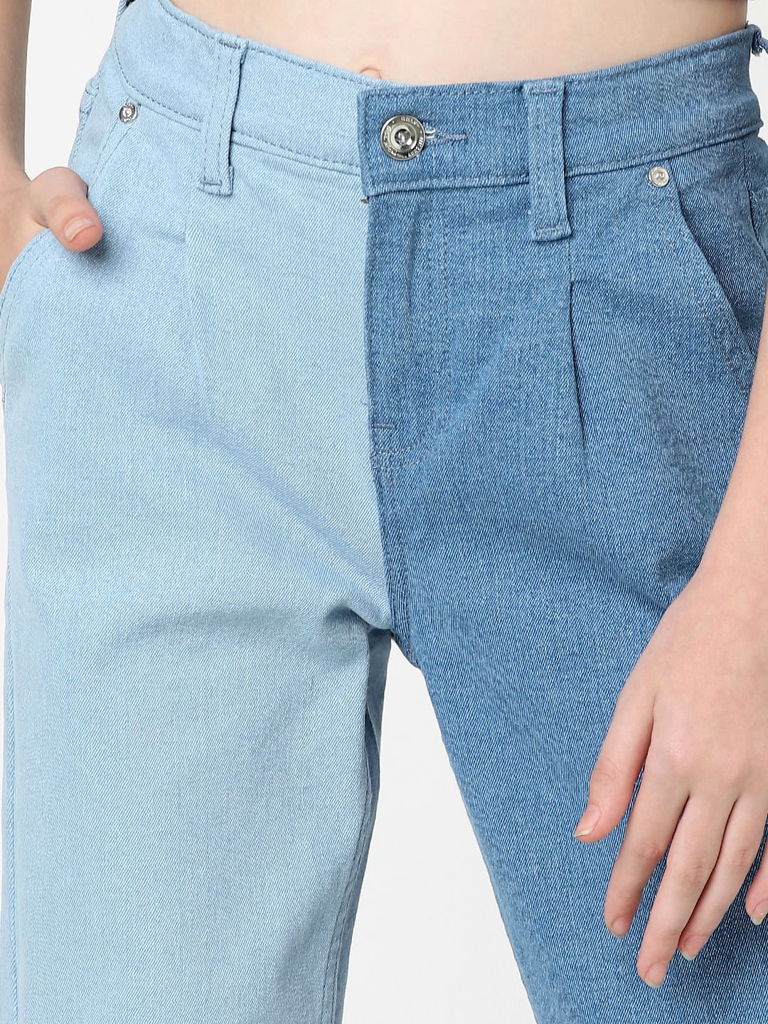 Blue High Rise Two-Toned Mom Fit Jeans