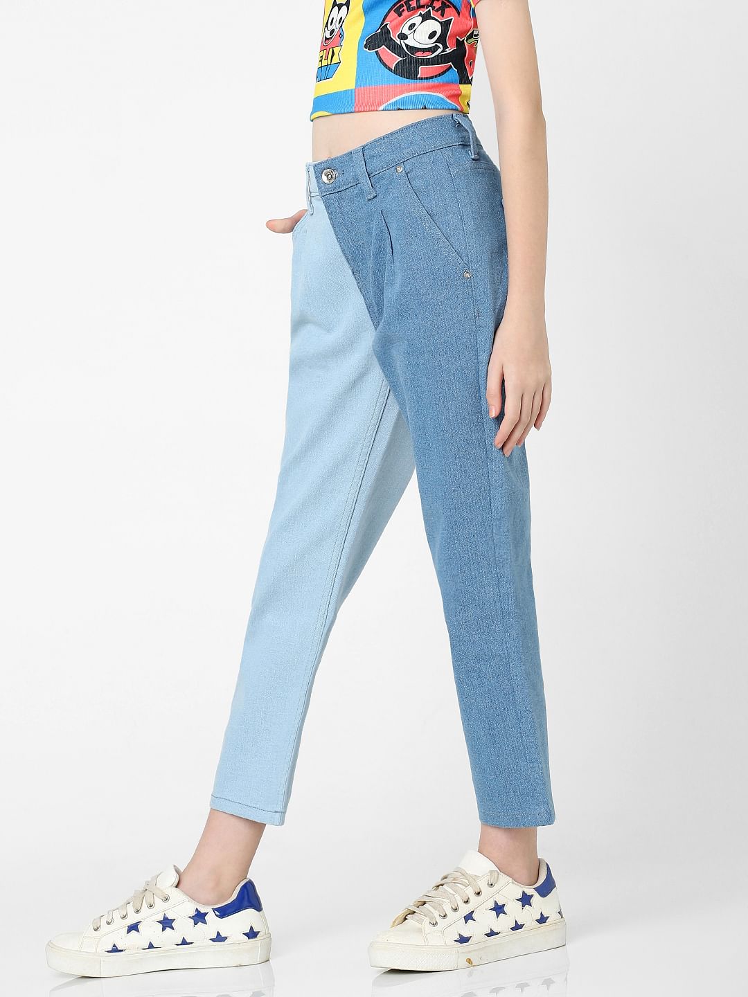 Blue High Rise Two-Toned Mom Fit Jeans