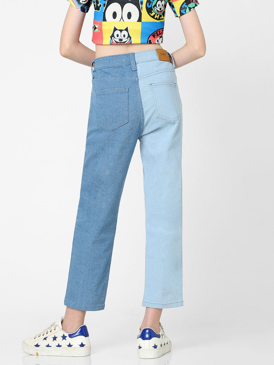 Blue High Rise Two-Toned Mom Fit Jeans