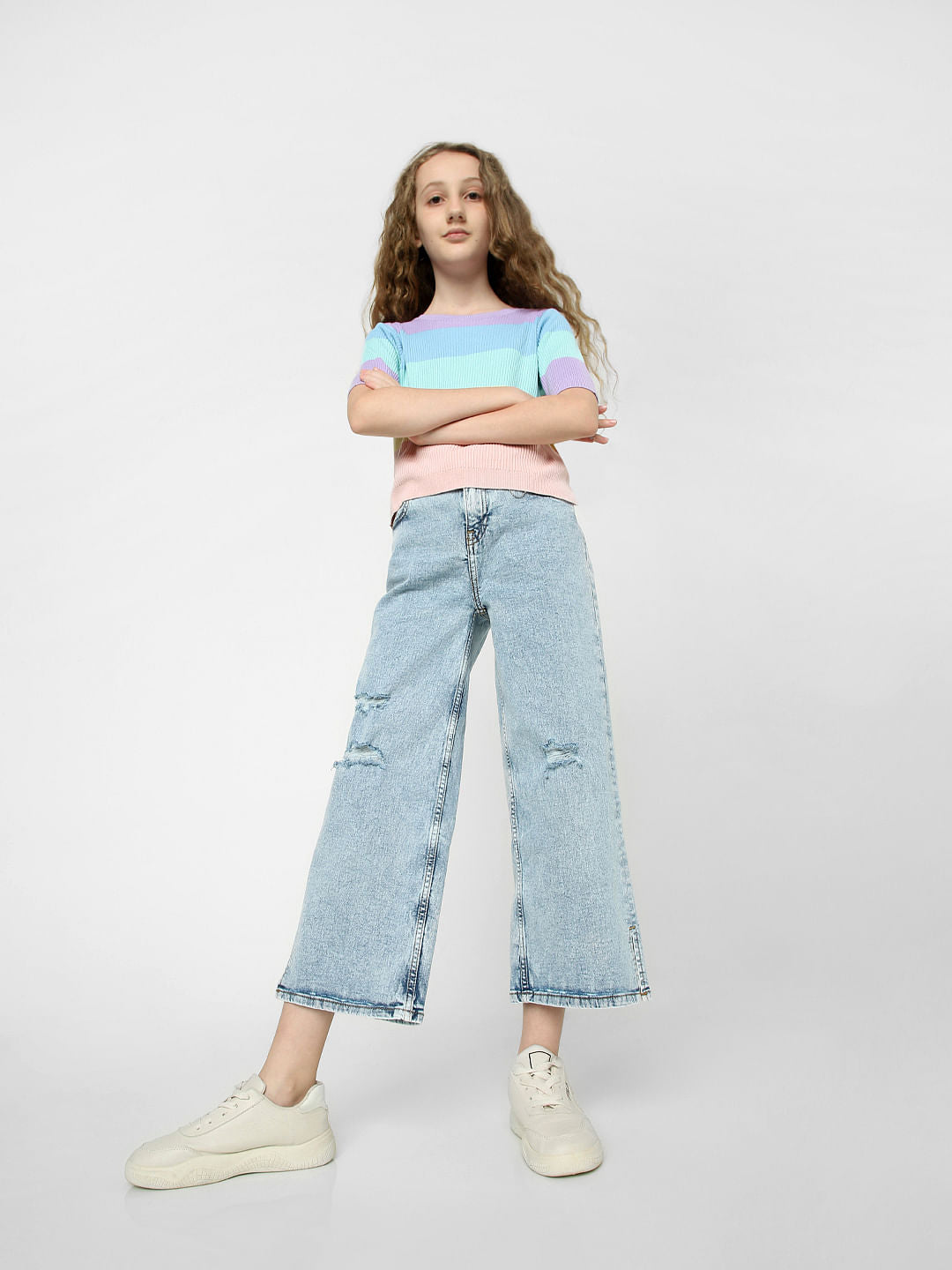 Blue High Rise Distressed Wide Leg Jeans