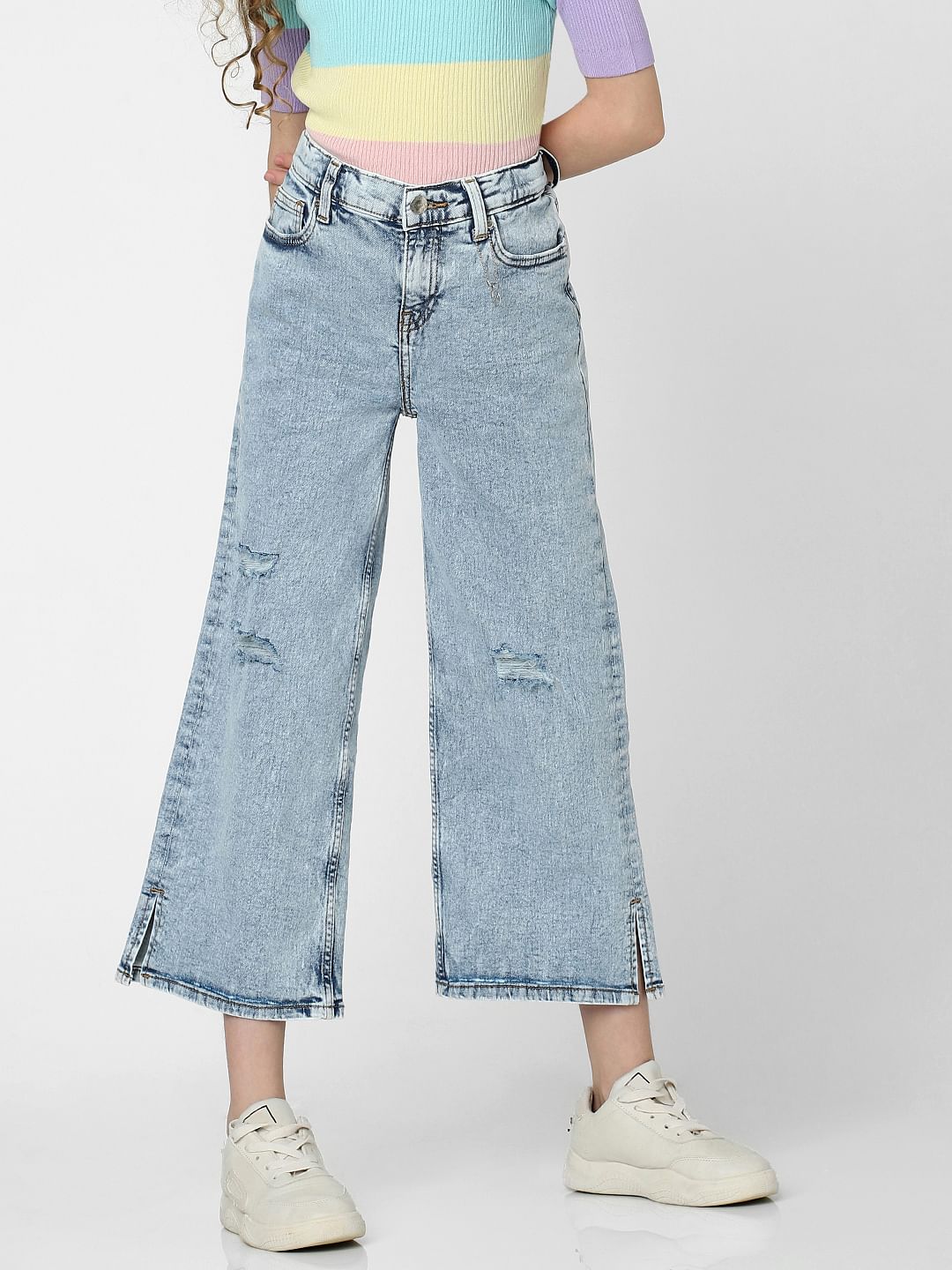 Blue High Rise Distressed Wide Leg Jeans