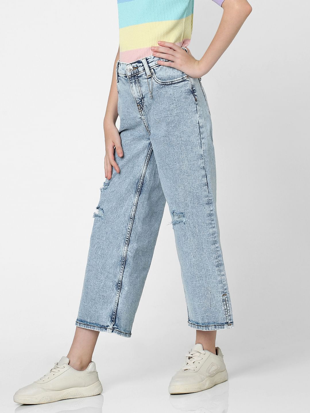 Blue High Rise Distressed Wide Leg Jeans