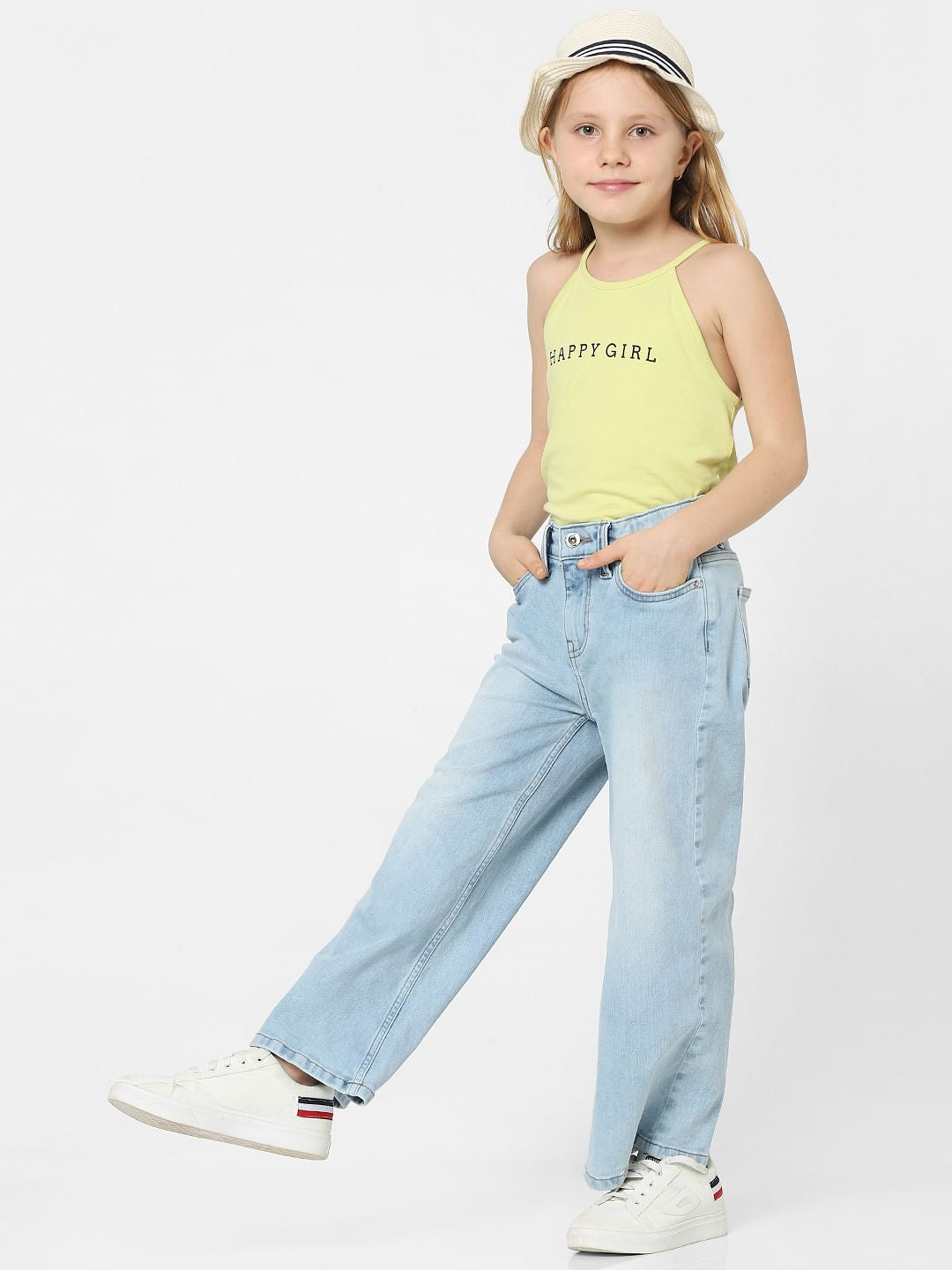 Girls Blue High Rise Wide Leg Jeans