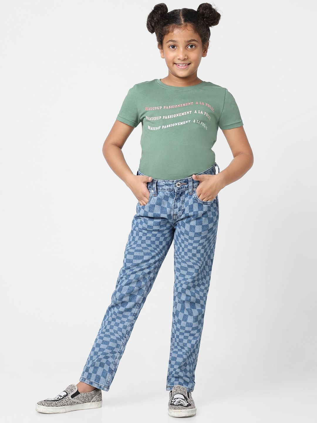 Girls Blue High Rise Wide Leg Jeans