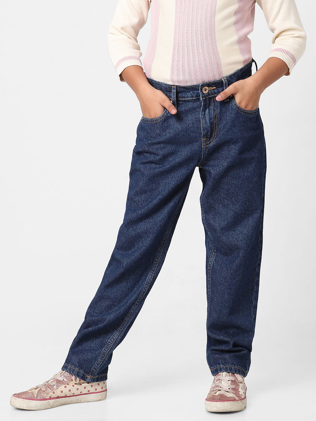 Girls Blue Mid Rise Mom Fit Jeans