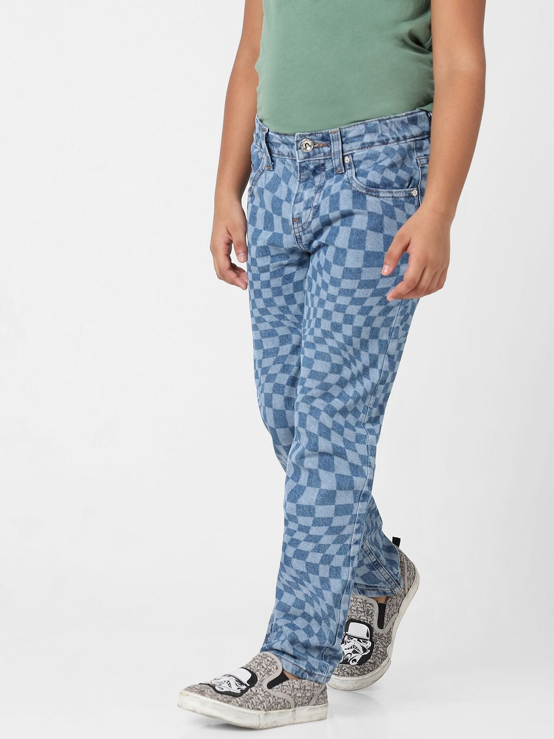 Girls Blue Mid Rise Check Print Straight Fit Jeans