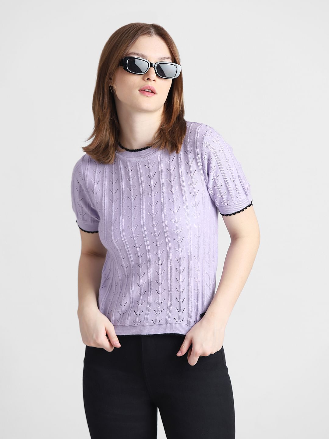 Lavender Pointelle Knit T-Shirt