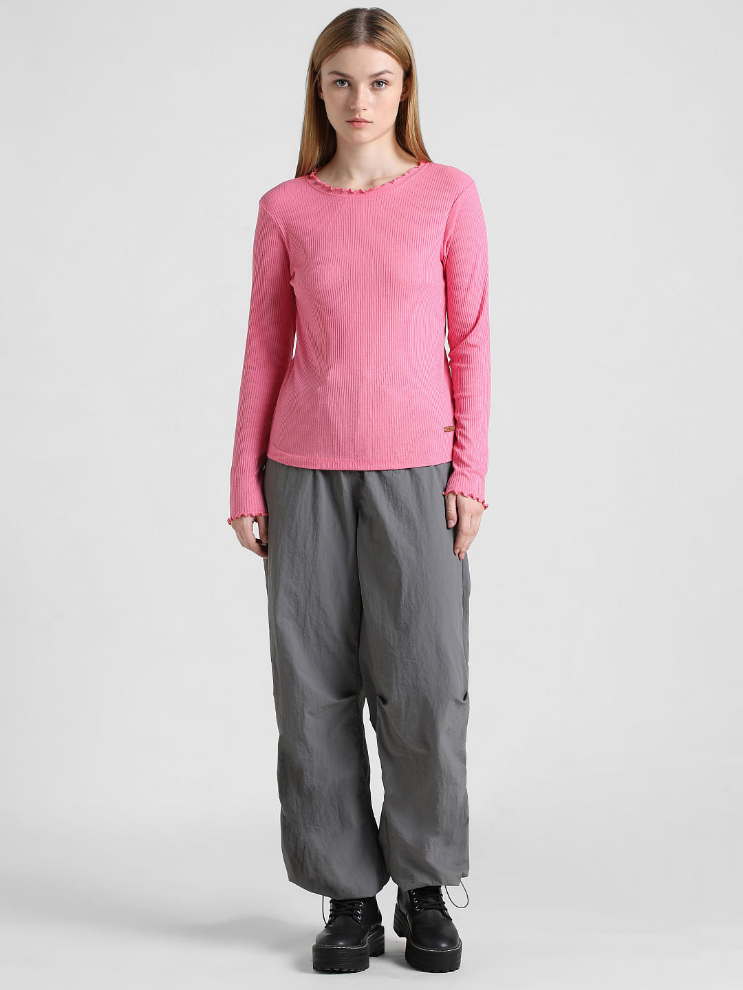 Pink High Neck Ribbed T-Shirt