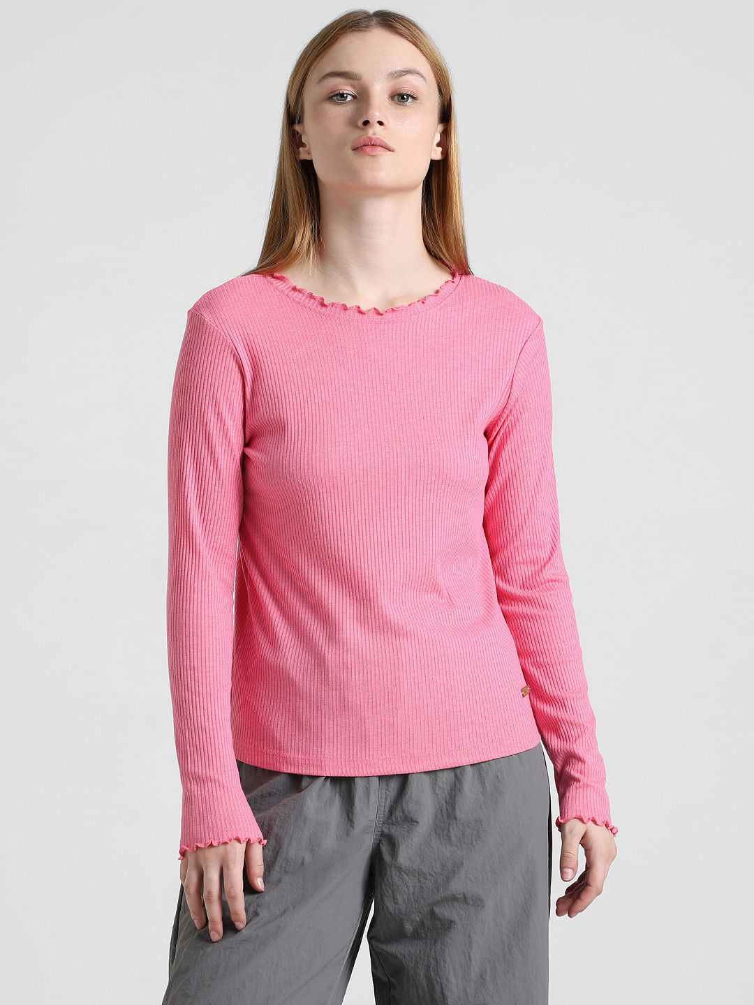 Pink High Neck Ribbed T-Shirt