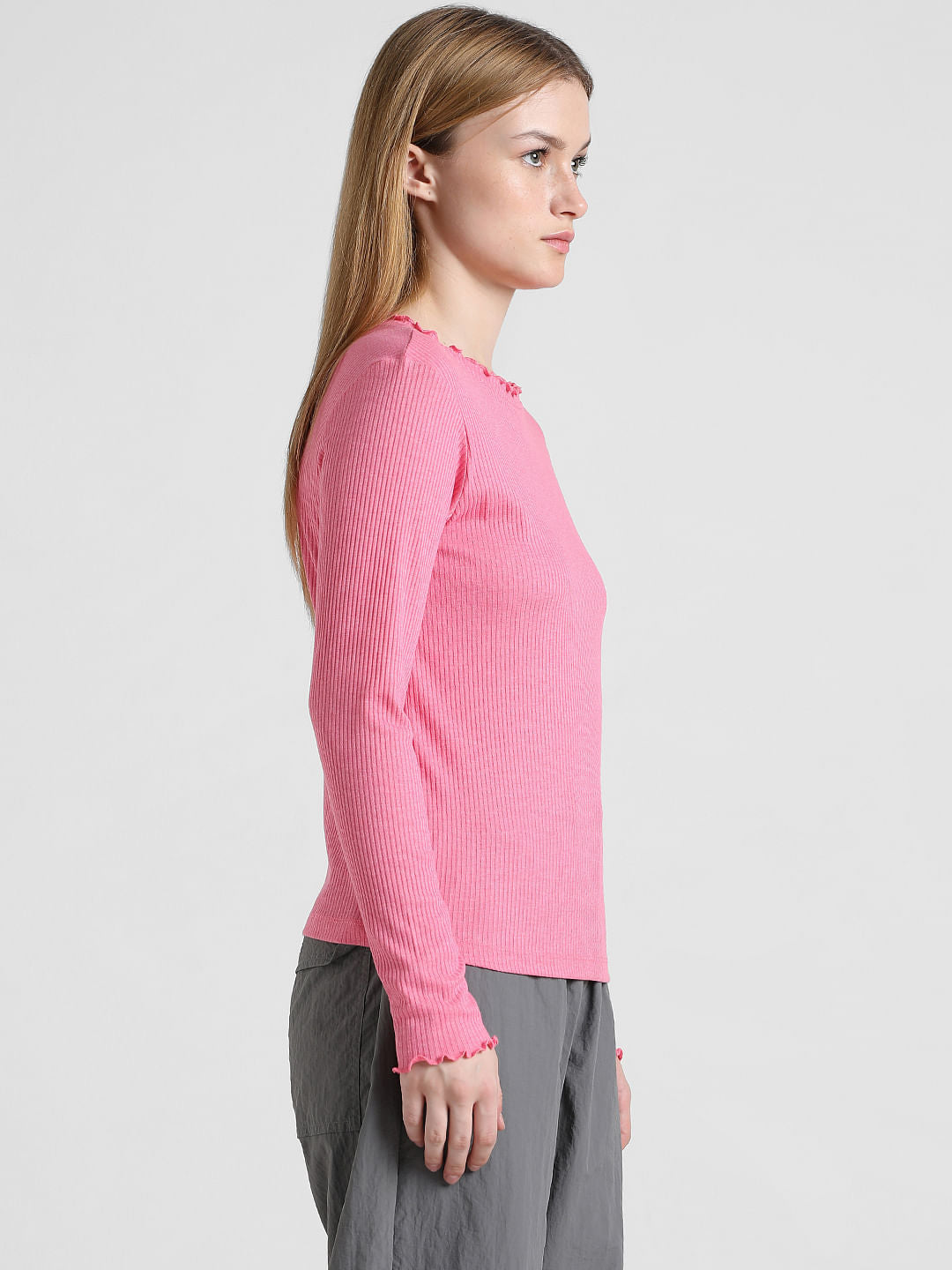 Pink High Neck Ribbed T-Shirt