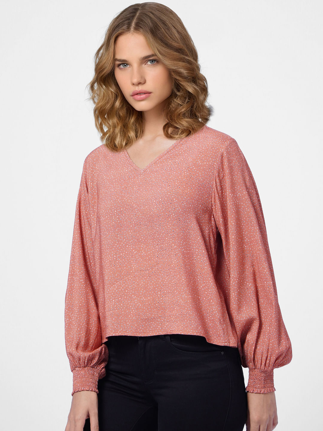 Brown All Over Print V-Neck Top