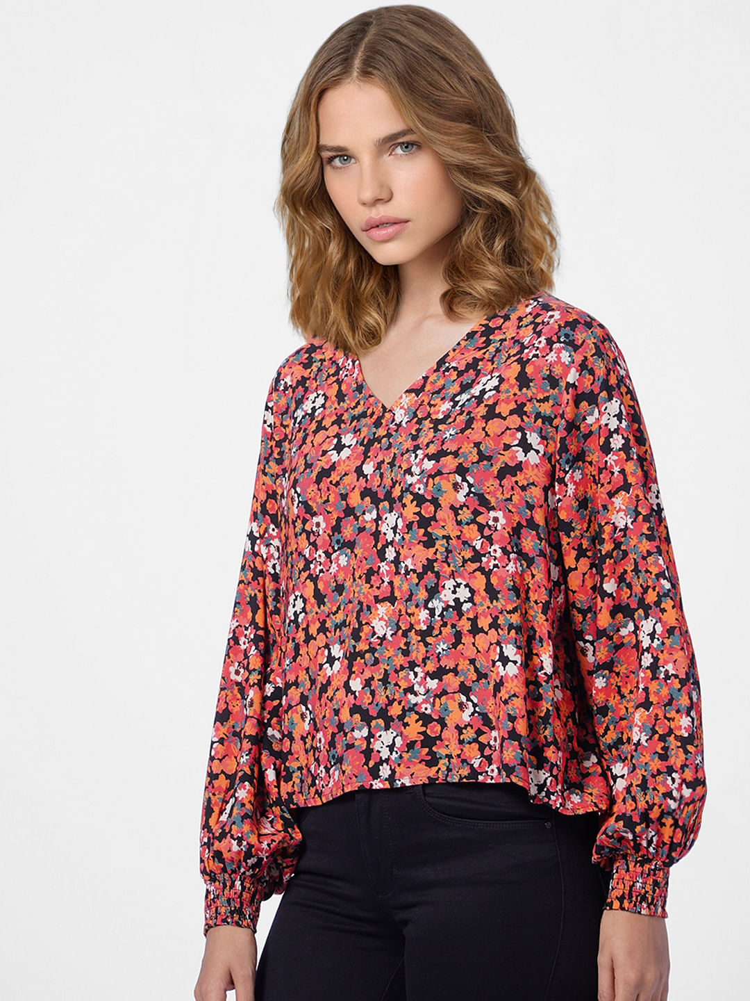 Black All Over Print V-Neck Top