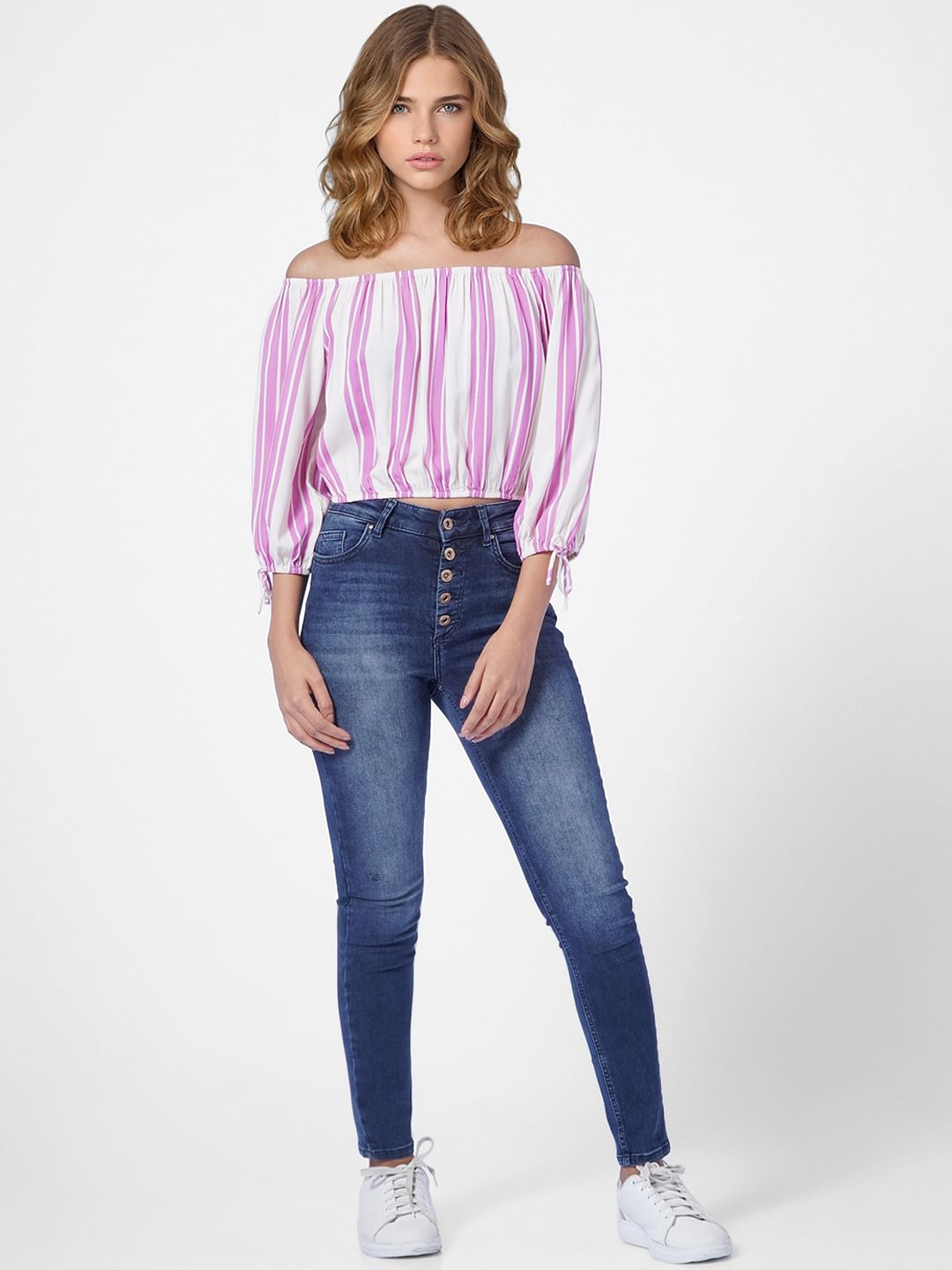 Beige Striped Off-Shoulder Top