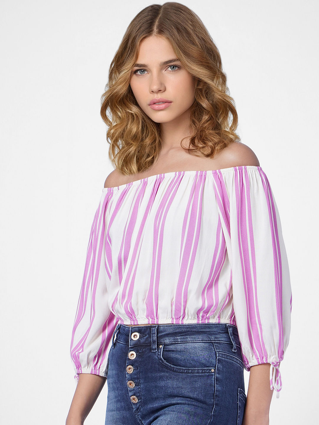 Beige Striped Off-Shoulder Top