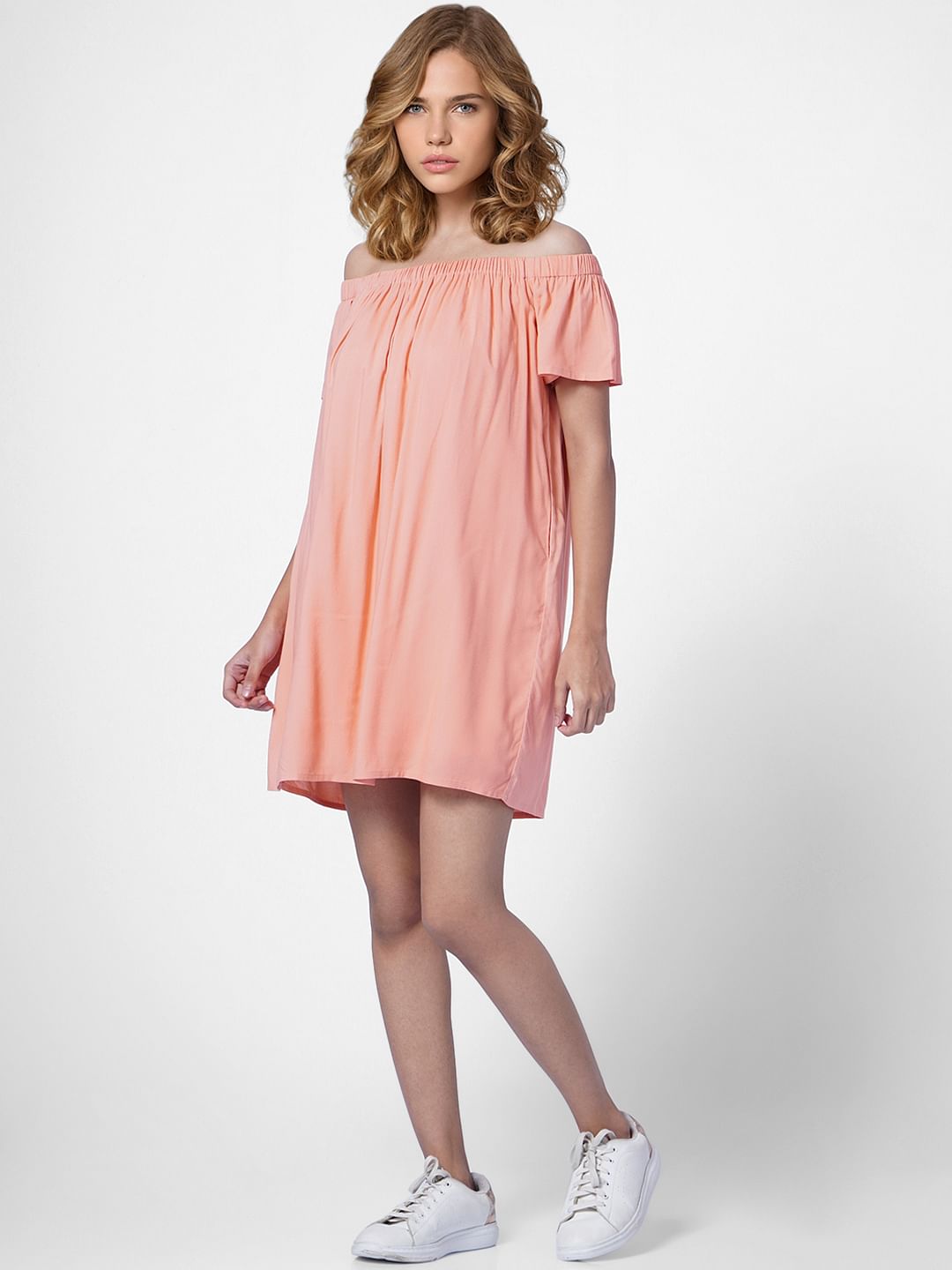 Coral Off-Shoulder Shift Dress