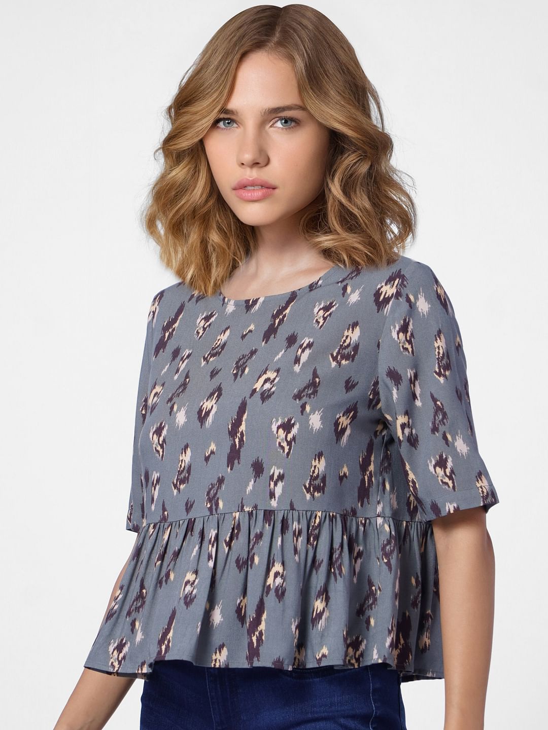 Dark Green Printed Peplum Top