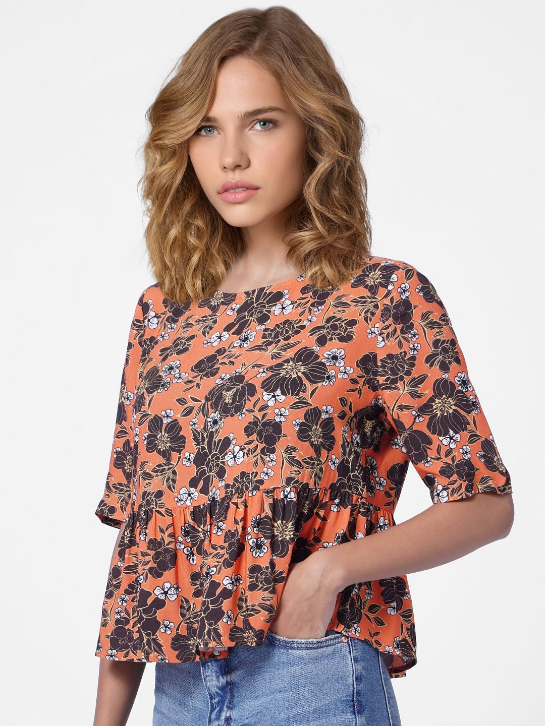 Orange Floral Peplum Top