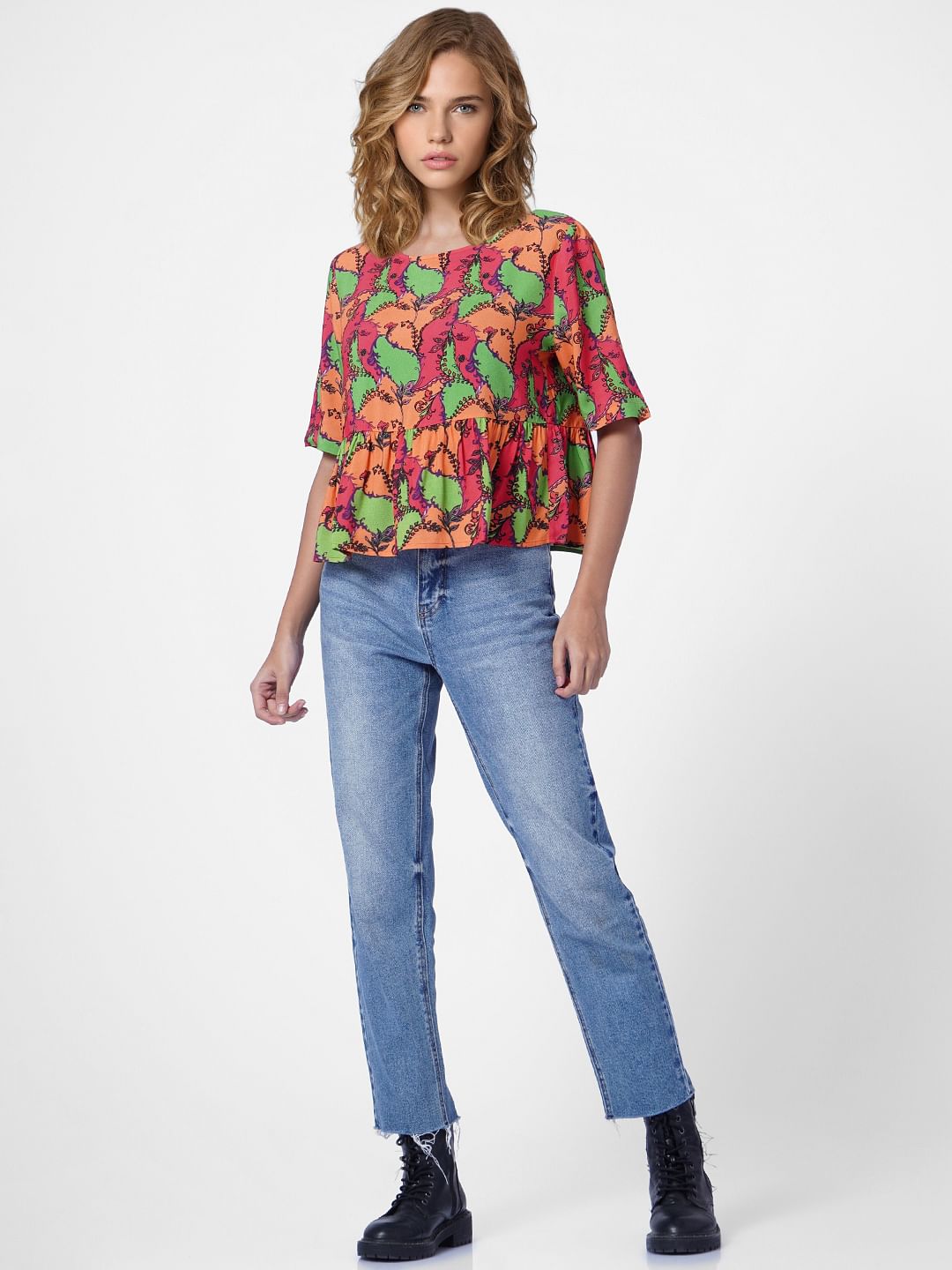 Red Abstract Print Peplum Top