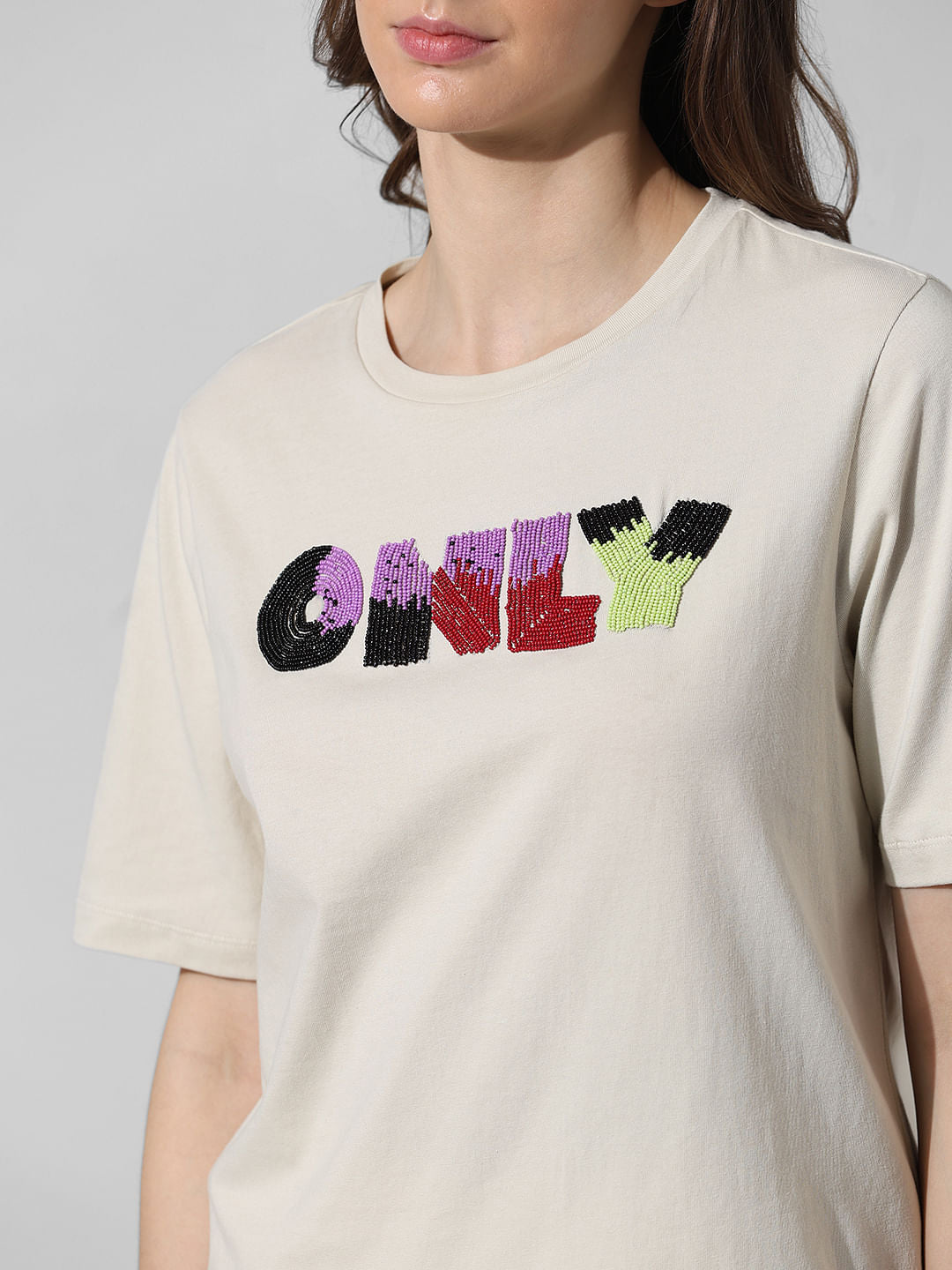Beige Bead Decorated Cotton T-Shirt